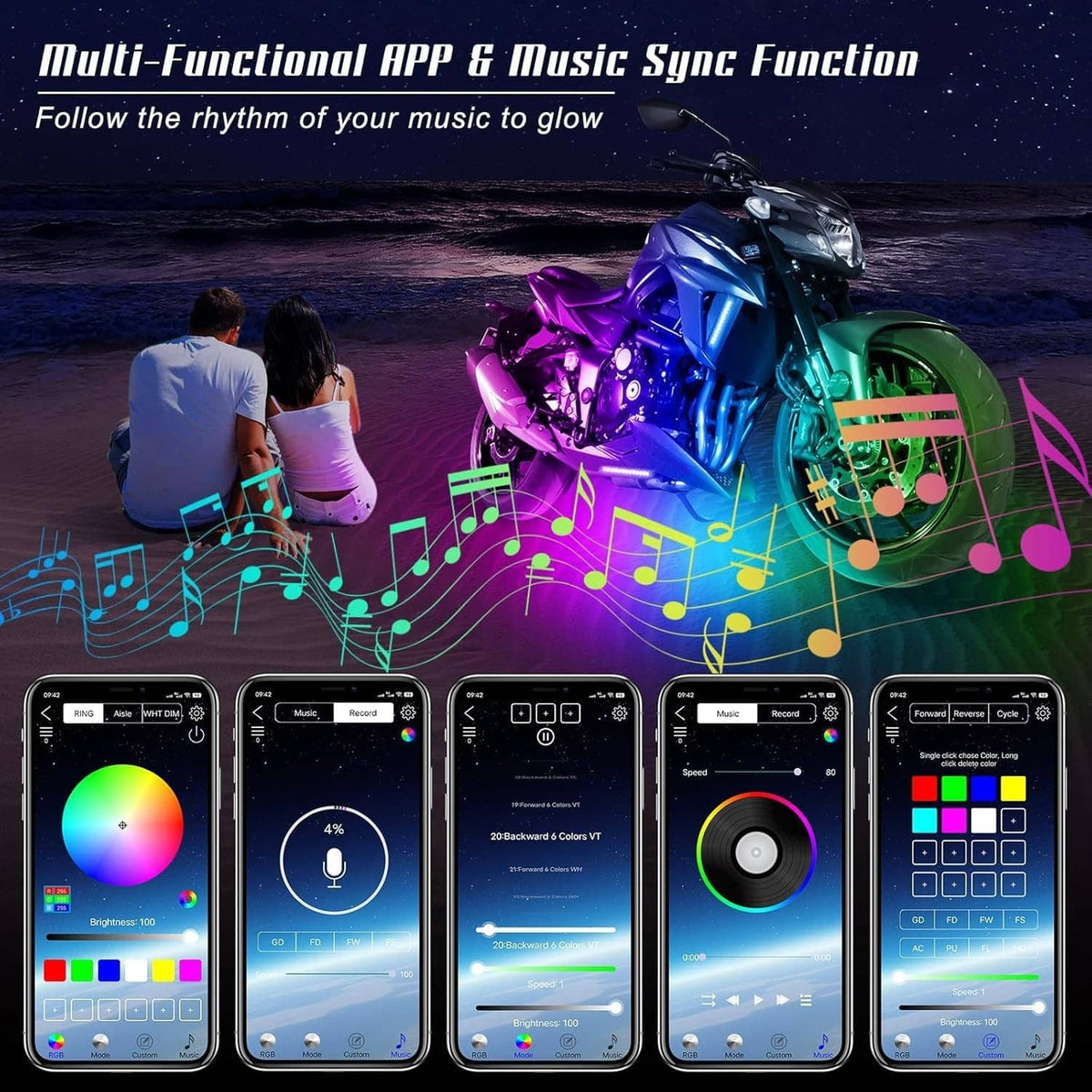 App-controlled RGB motorcycle LED light kit with music-reactive light strips