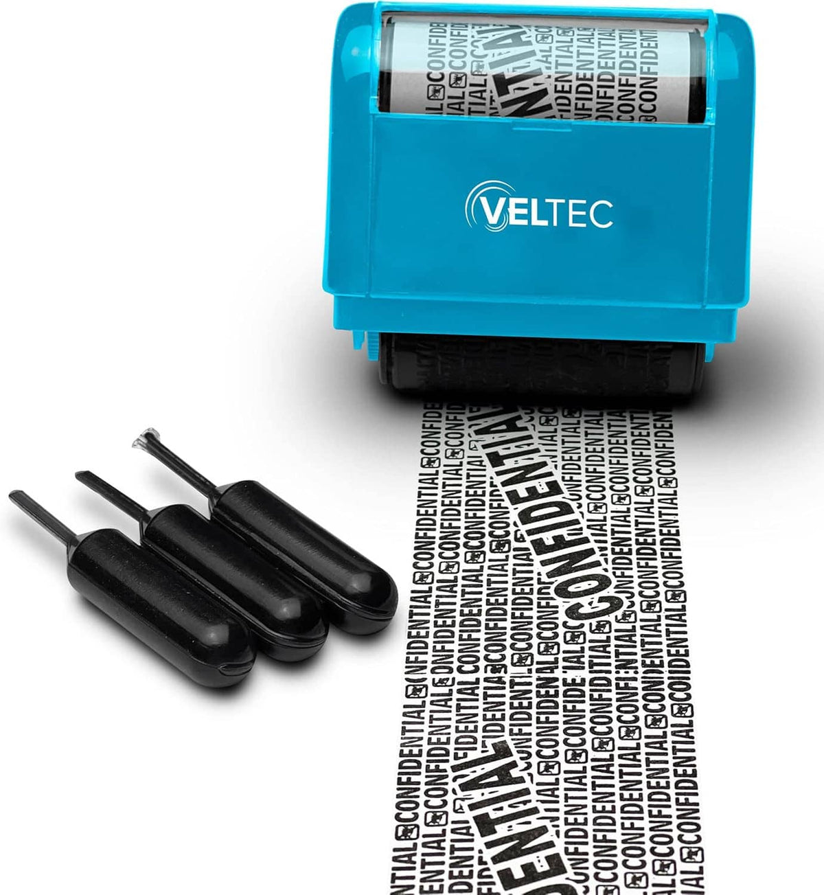 Blue identity ink roller stamp and 3 black replacement ink cartridges with security strip