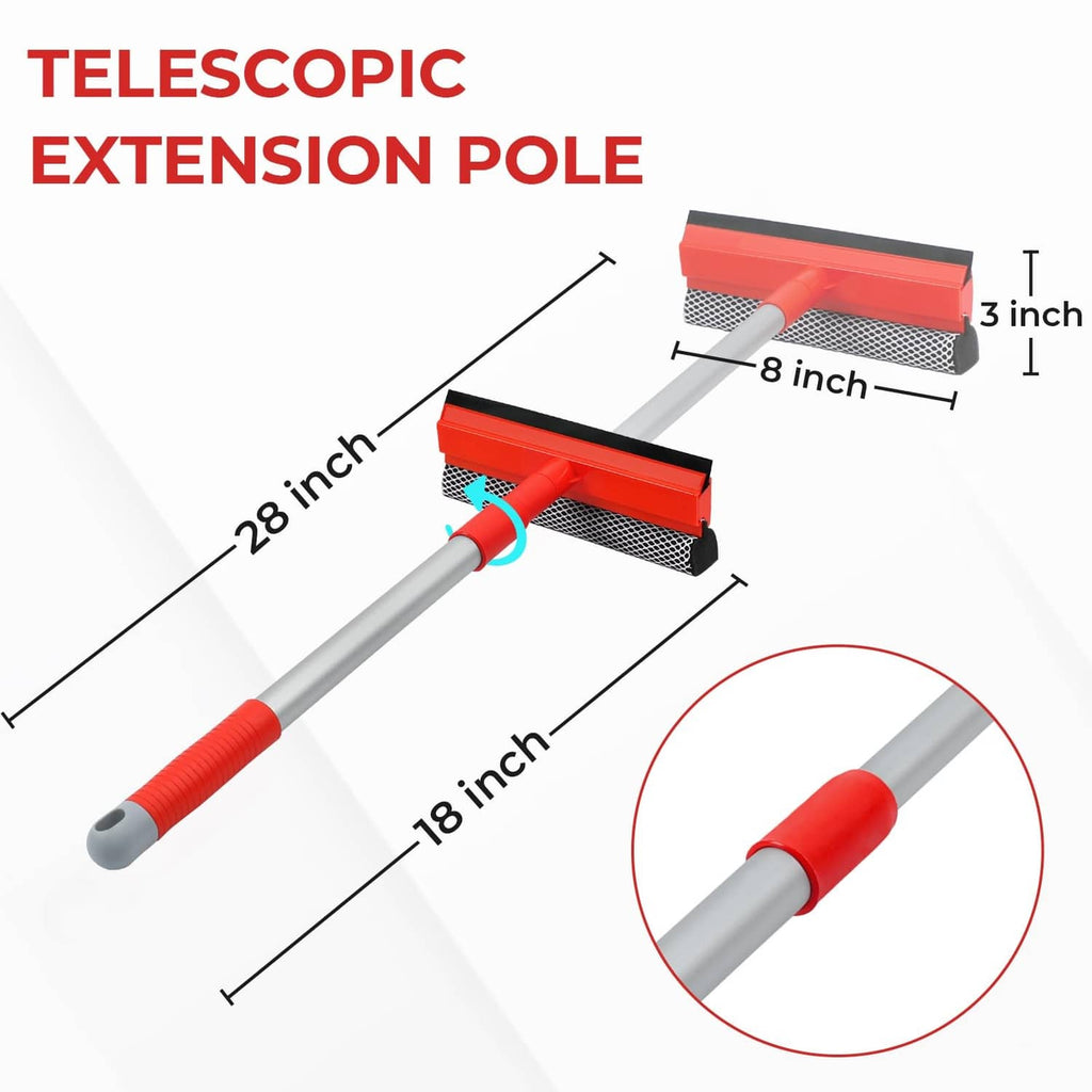 Telescopic extension pole window cleaner with red squeegee head and mesh sponge pad