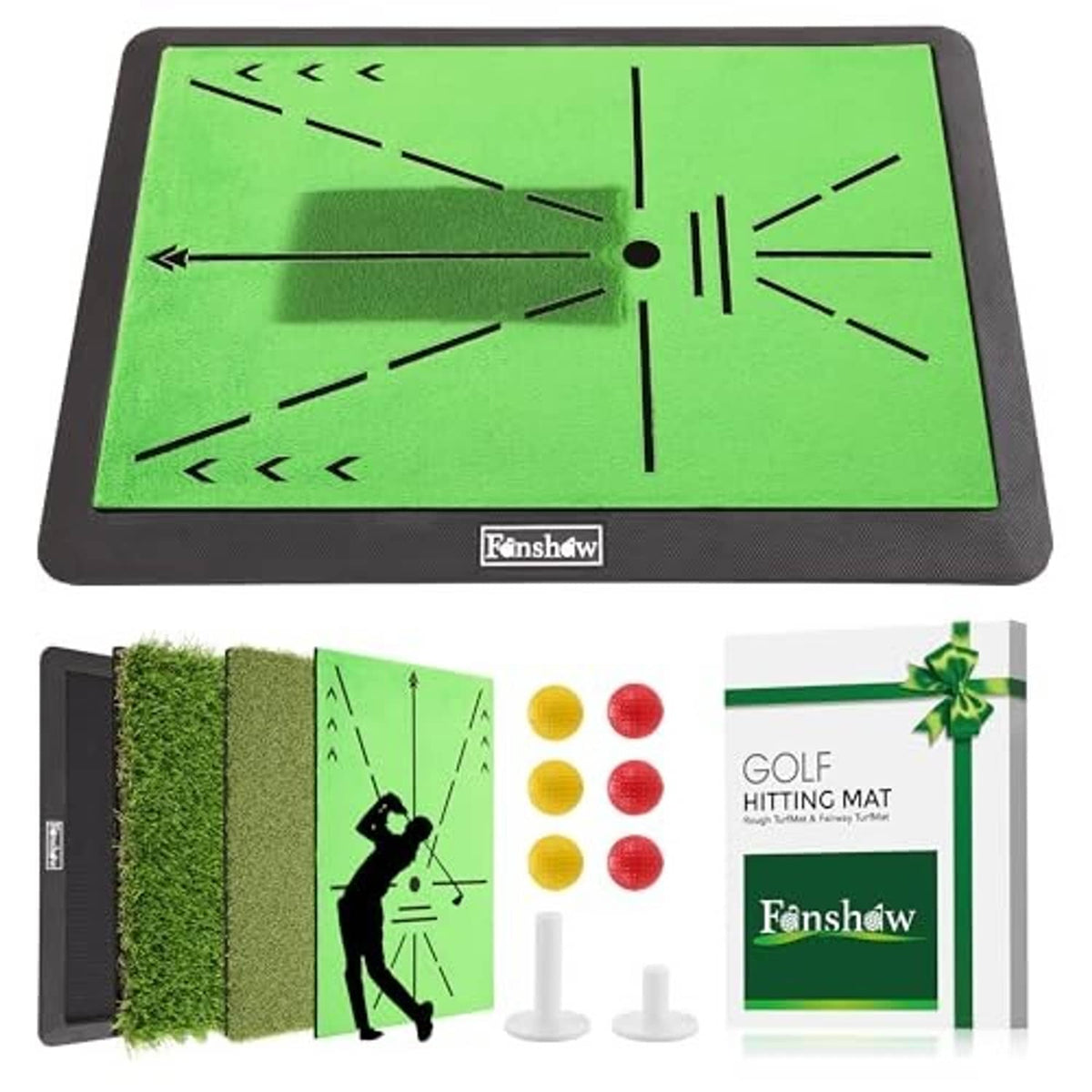 Golf hitting mat set with green divot tracking board and included turf and tee markers