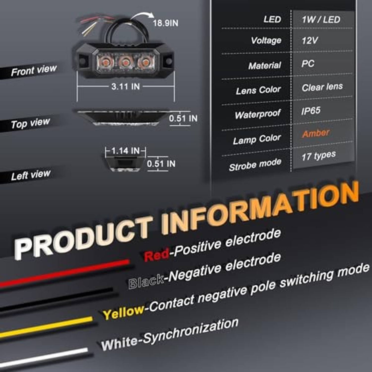 Amber LED strobe warning light diagram showing front, top, and side views