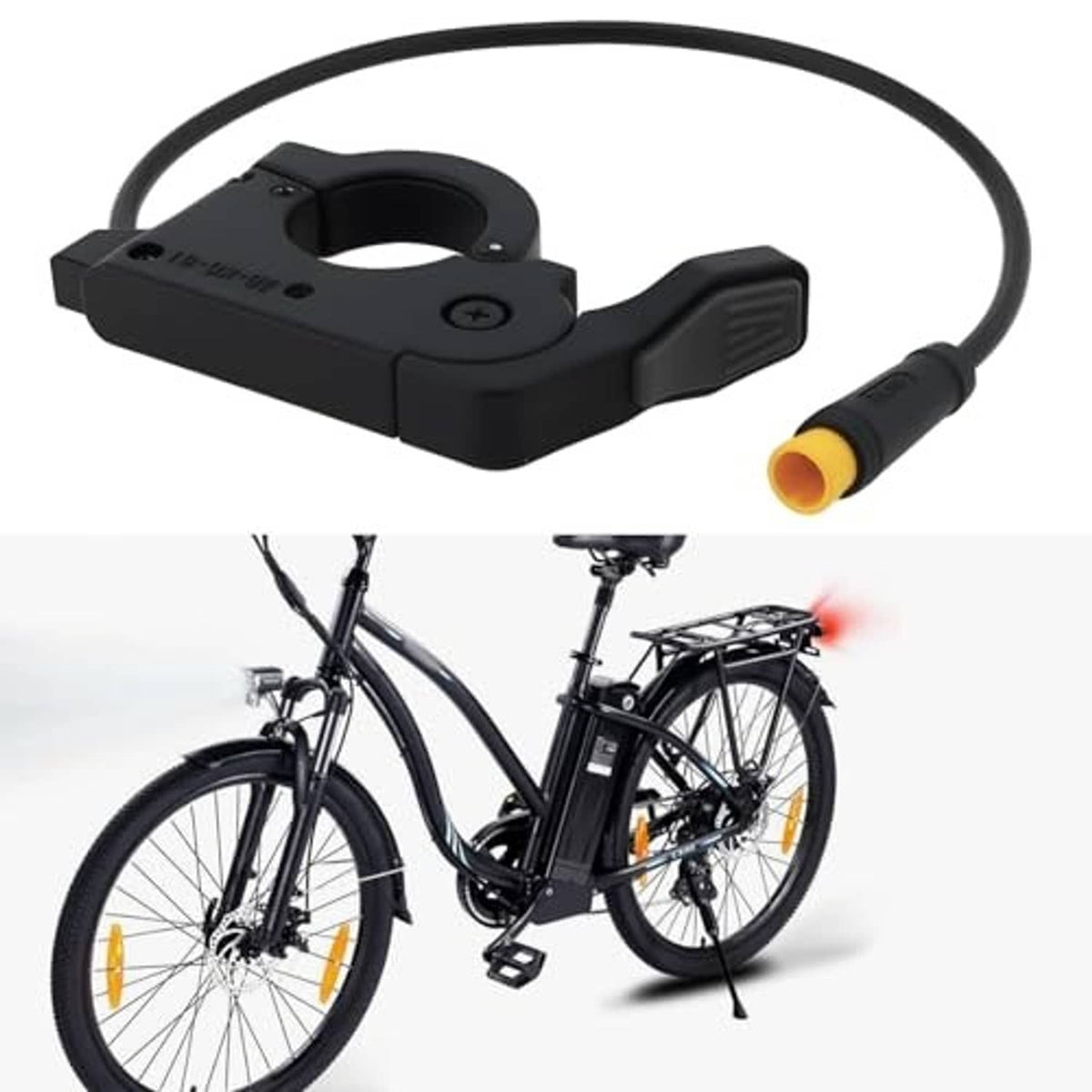 Electric bike thumb throttle controller with cable, black finish and yellow-tipped plug end