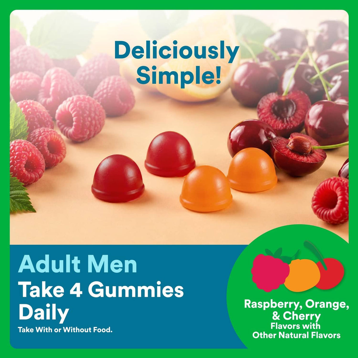 Assorted multivitamin gummies in raspberry, orange, and cherry flavors, on a tray