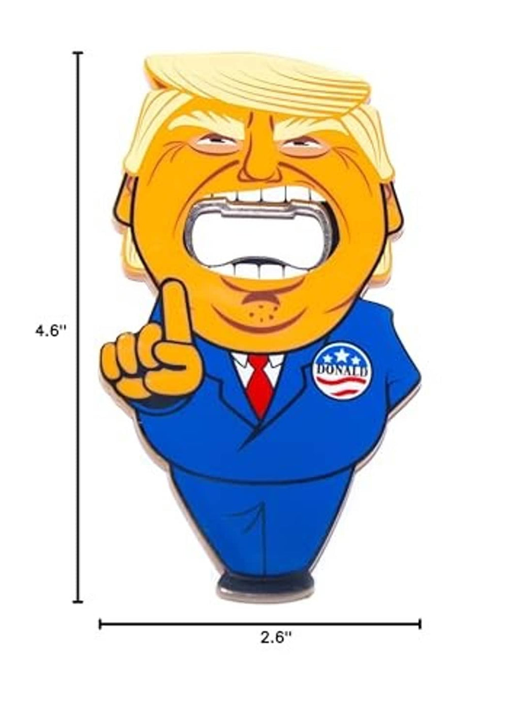 Cartoon bottle opener magnet shaped like man with open mouth, blue suit, red tie
