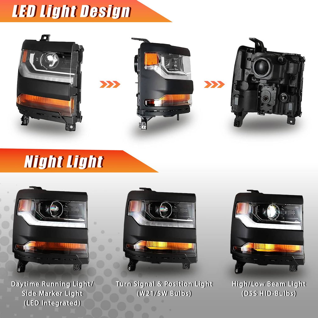 Black projector headlight with amber running strip and turn signal, plus side marker light