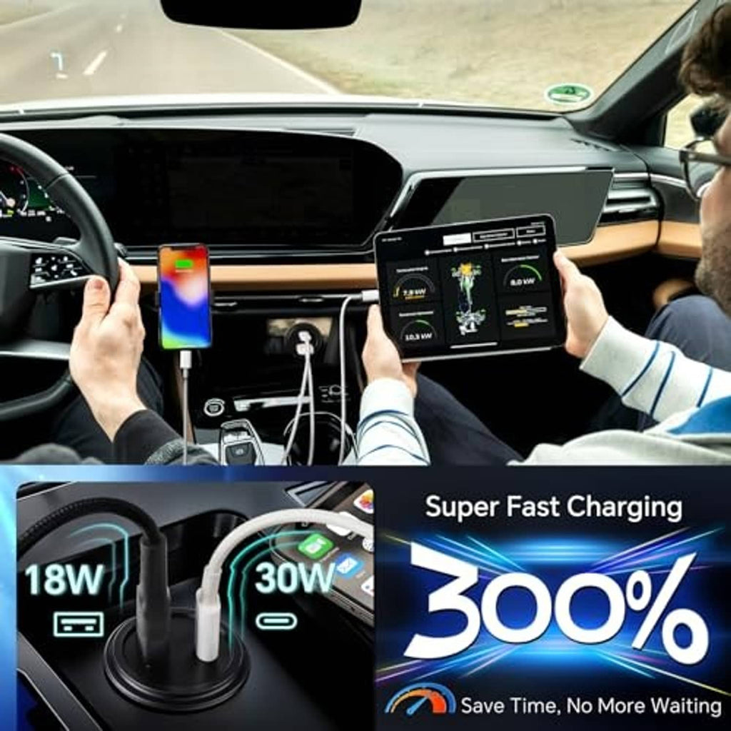 Vehicle dashboard dual-port USB car charger with cables connected for phone charging