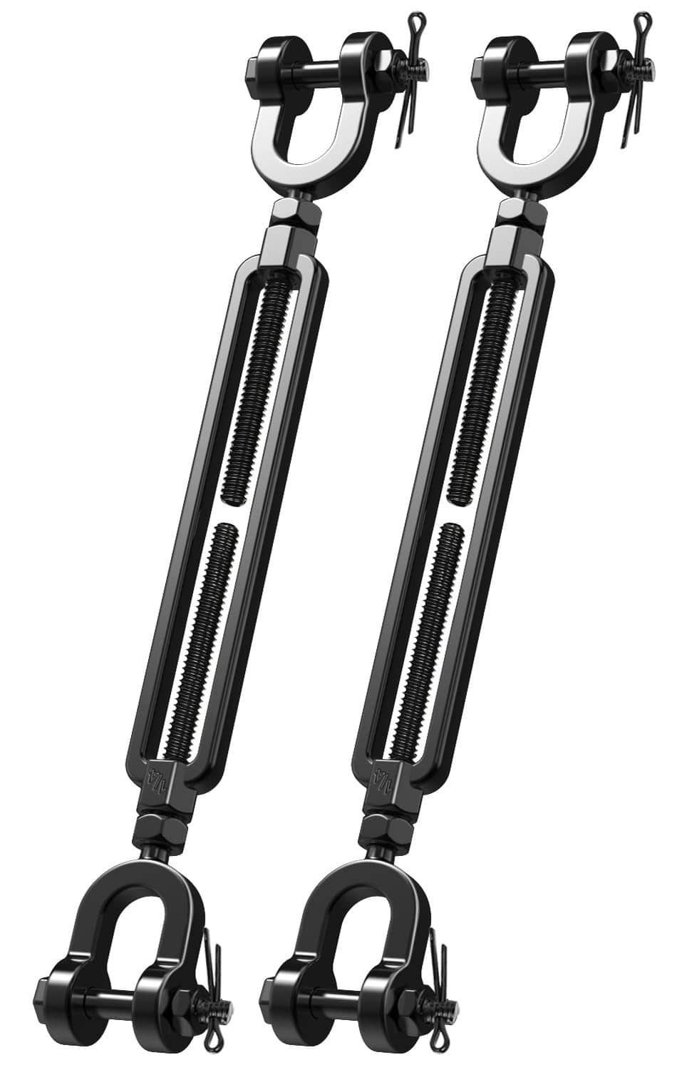 Pair of black turnbuckle tensioners with jaw clamps and cotter-pin secure ends