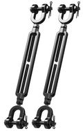 Pair of black turnbuckle tensioners with jaw clamps and cotter-pin secure ends