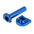 Blue aluminum motorcycle throttle tube with circular mounting housing and clamp plate