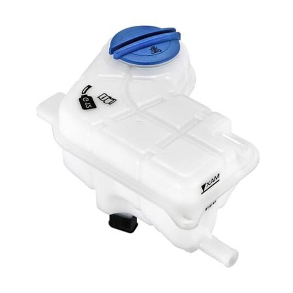 White plastic coolant expansion overflow tank with blue cap and outlet hose