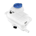 White plastic coolant expansion overflow tank with blue cap and outlet hose