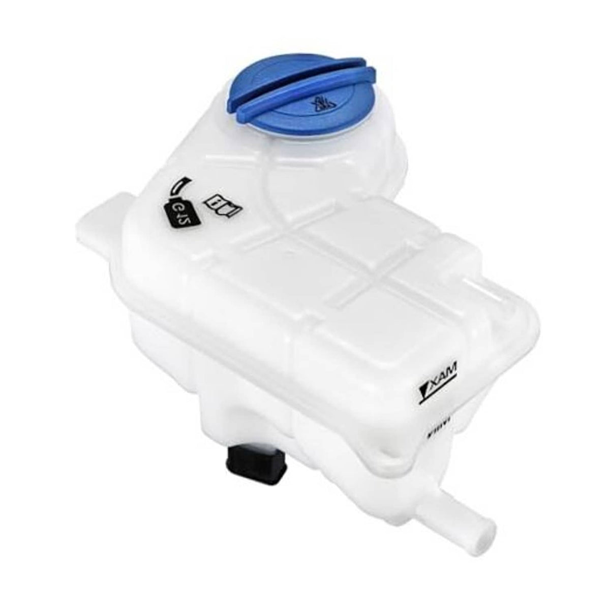 White plastic coolant expansion overflow tank with blue cap and outlet hose