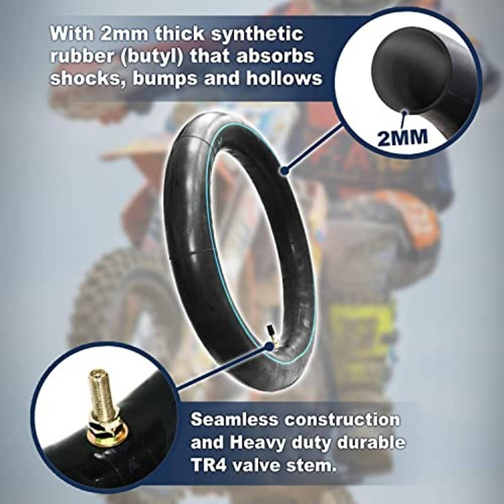 Motorcycle inner tube showing 2mm thickness with TR4 valve stem detail.