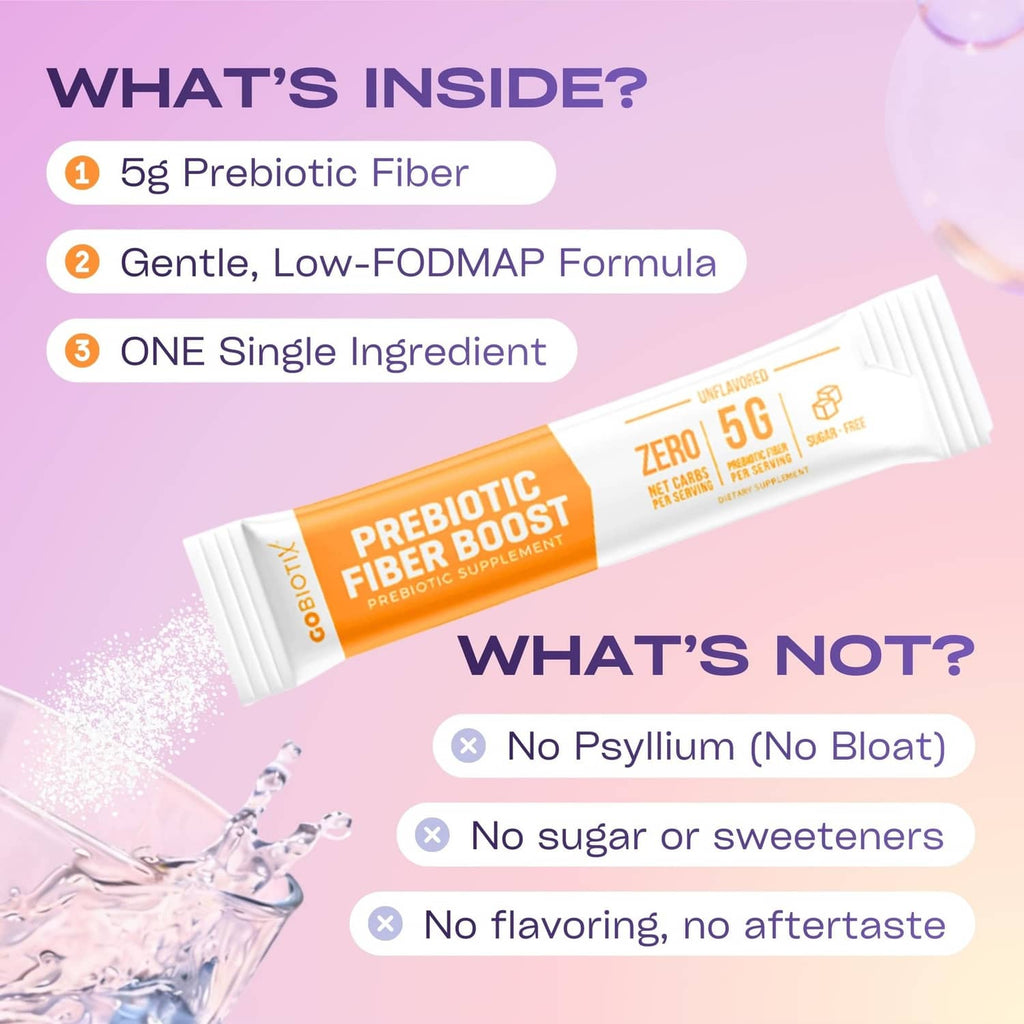 GoBiotix prebiotic fiber boost stick packet showing 5g prebiotic fiber, low ingredients