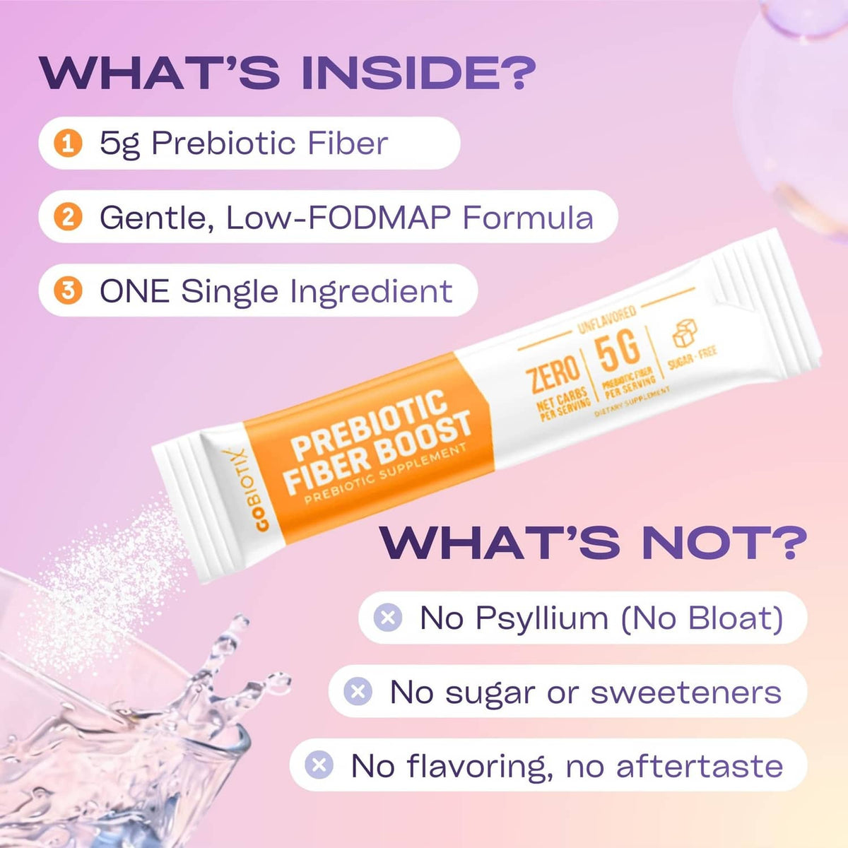 GoBiotix prebiotic fiber boost stick packet showing 5g prebiotic fiber, low ingredients