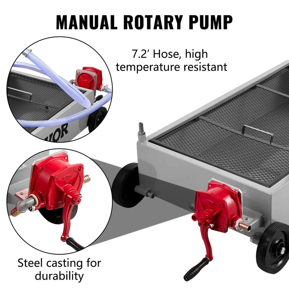 Oil drain pan cart with manual rotary pump and blue hose, tray detail view