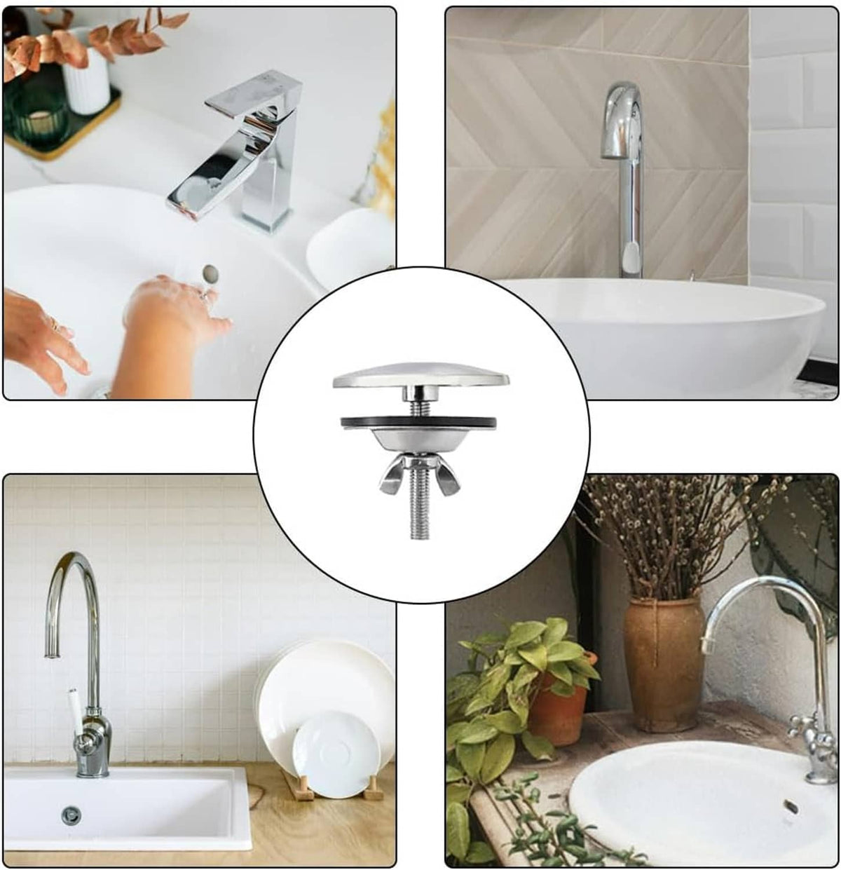 Two stainless sink hole covers for faucet openings, with threaded posts and round bases