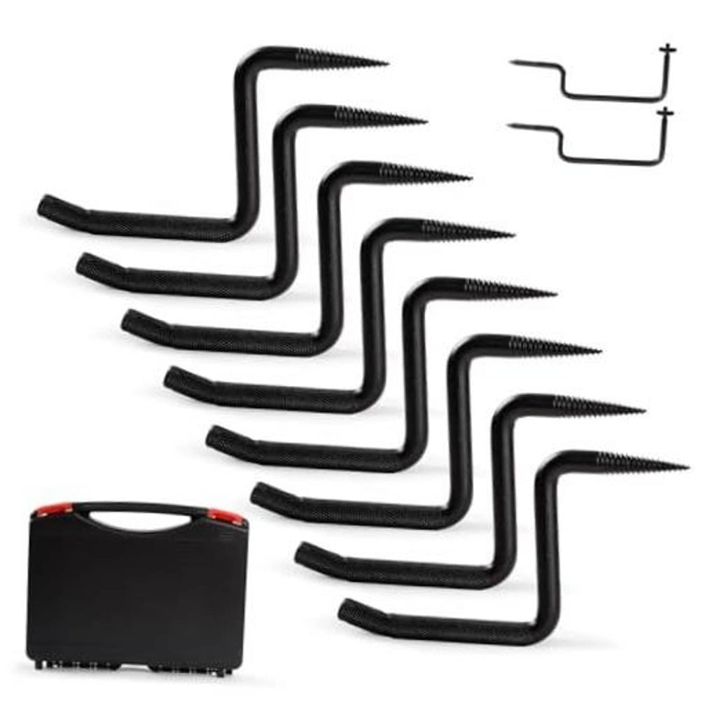 Set of black screw-in tree steps with self-tapping ends and gray storage case