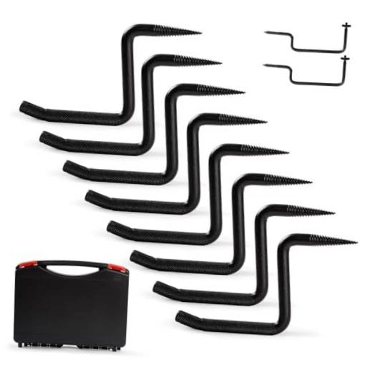 Set of black screw-in tree steps with self-tapping ends and gray storage case
