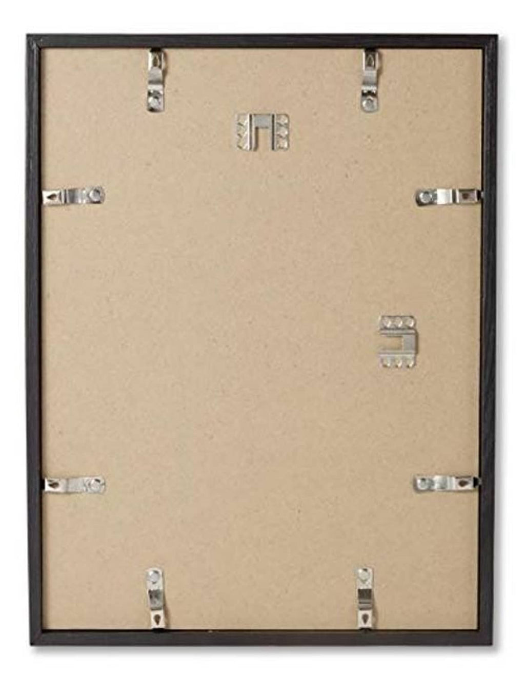 Back of black 11x14 pine picture frame with metal clips and mounting points
