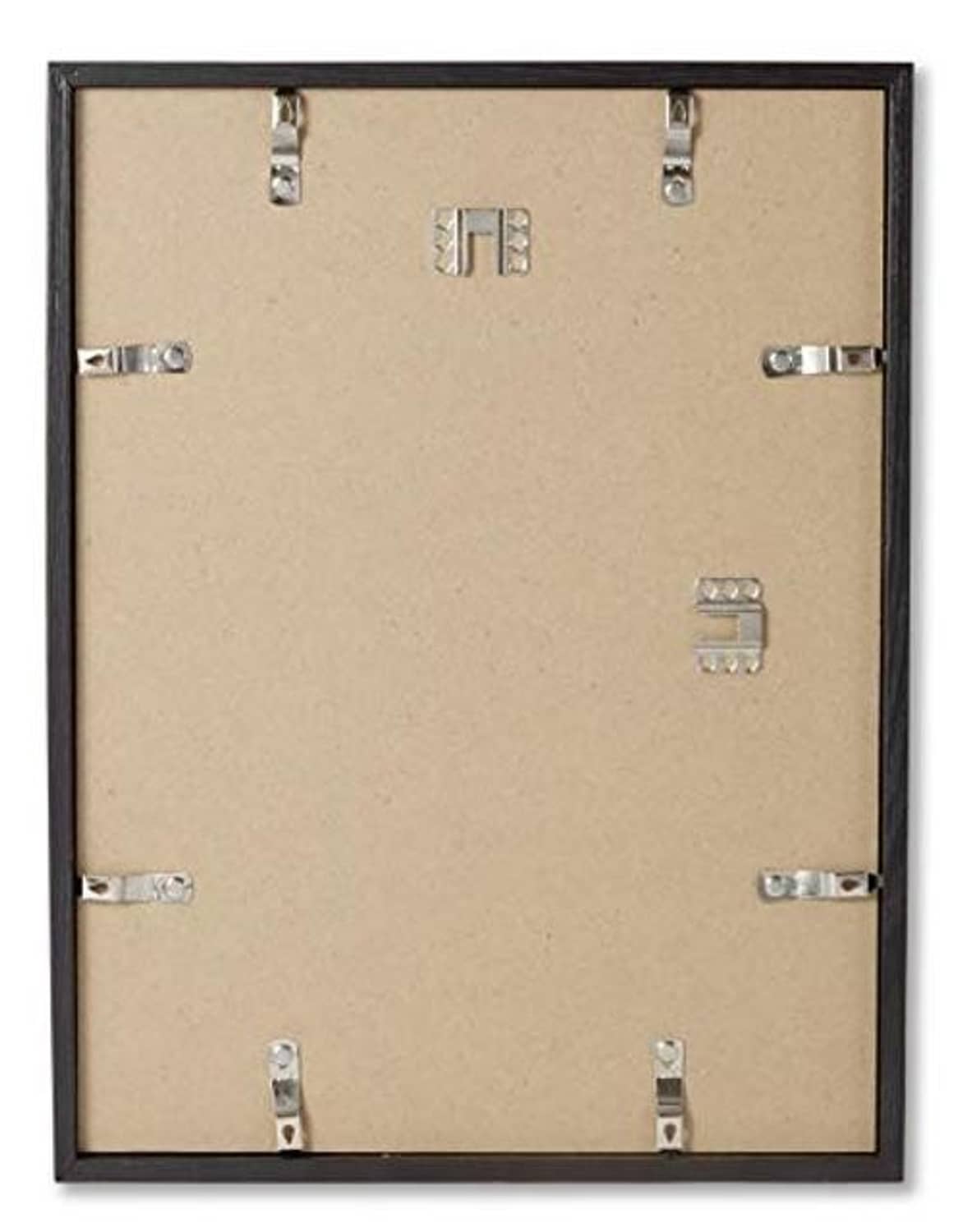 Back of black 11x14 pine picture frame with metal clips and mounting points