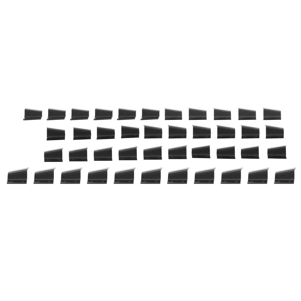 Rows of black steel trencher cup teeth with rectangular mounting bases