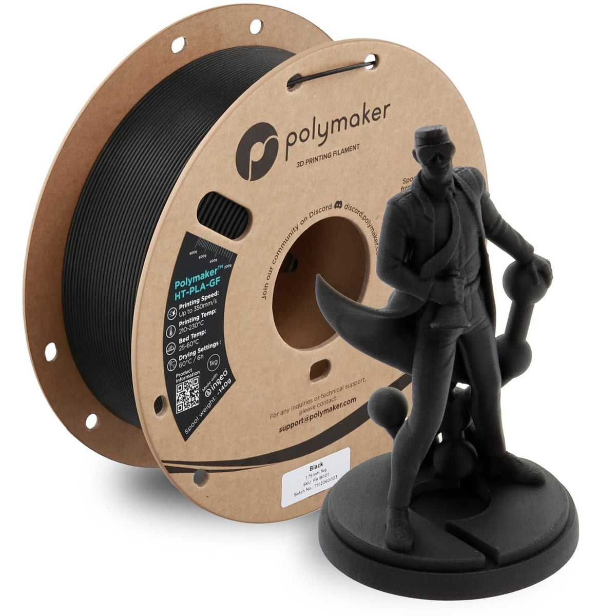 Black 3D printing filament spool on cardboard reel, with label and mounting holes