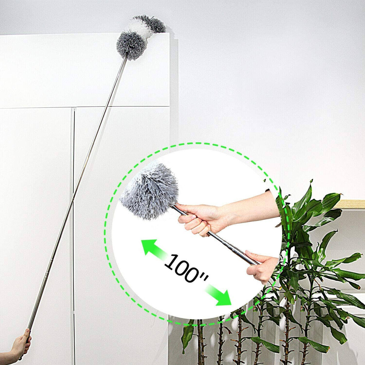 Extendable microfiber duster with rounded head, bent pole for reaching near plants