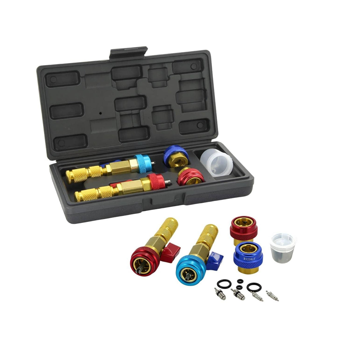 AC valve core remover tool set in open case with brass adapters, blue/red ports, O-rings