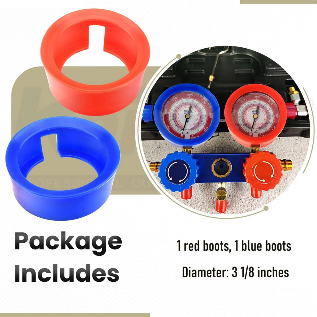 Red and blue rubber gauge boot covers, two-piece set