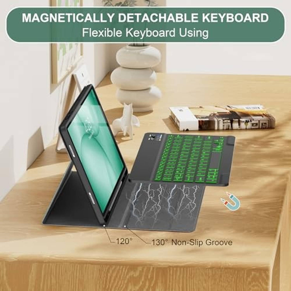 Green marble tablet keyboard case with magnetically separated keyboard and non-slip groove