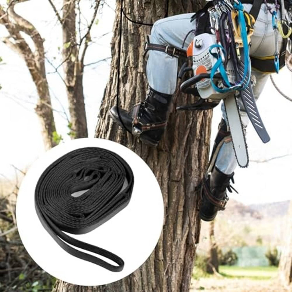 Black climbing aider strap unrolled beside tree climbing gear, portable webbing with end loops