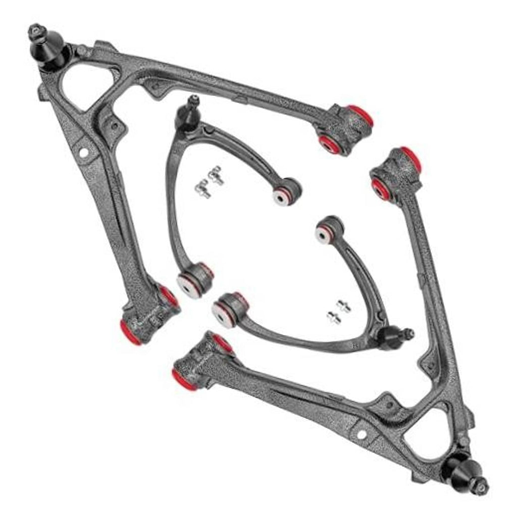 Front upper and lower control arm set with red bushings, four-piece metal suspension kit