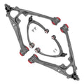 Front upper and lower control arm set with red bushings, four-piece metal suspension kit