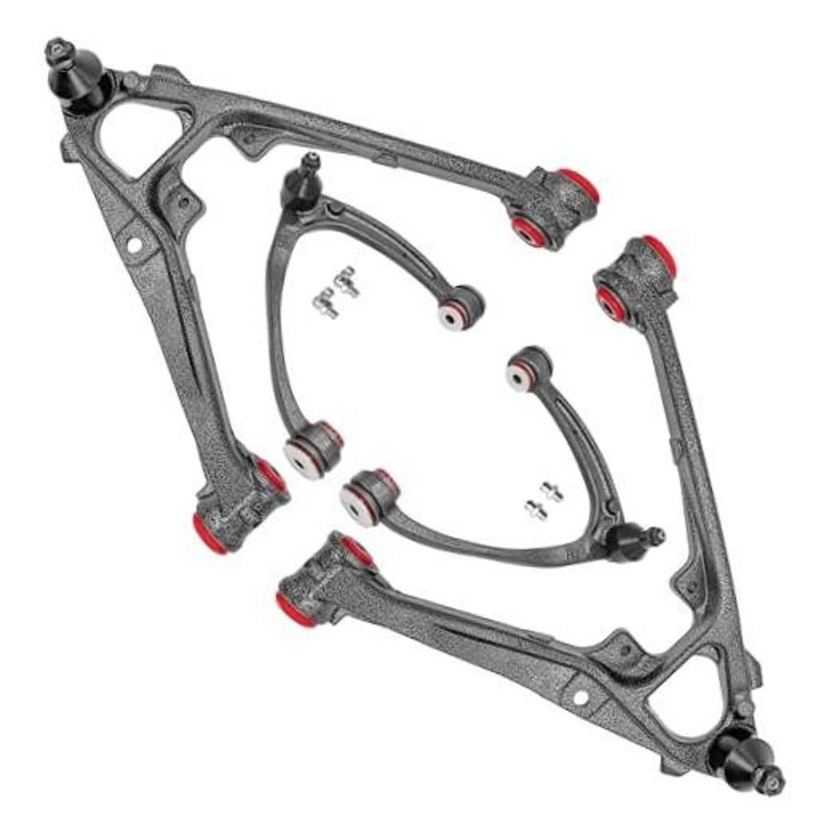 Front upper and lower control arm set with red bushings, four-piece metal suspension kit