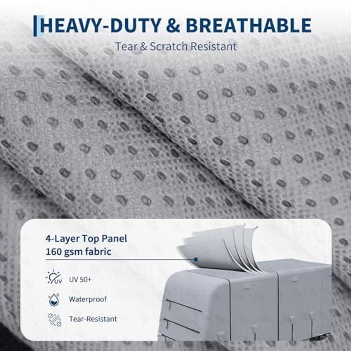 Grey 4-layer RV cover fabric detail with water-resistant, tear-resistant top panel