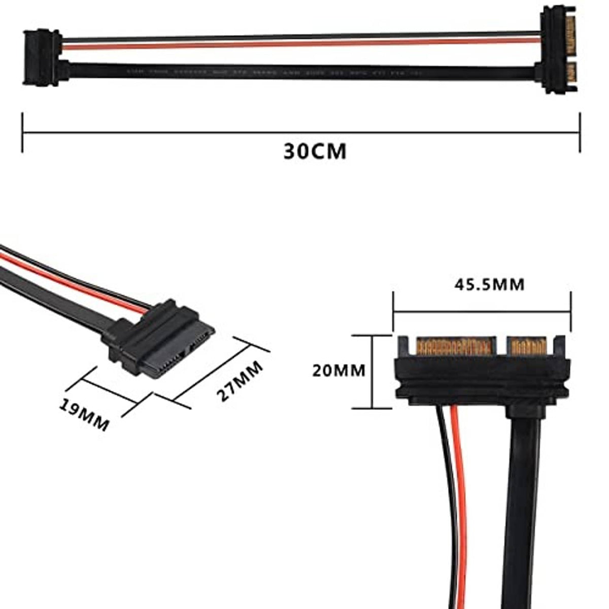 Slim SATA 22-pin to 13-pin adapter cable with measured length and connector width