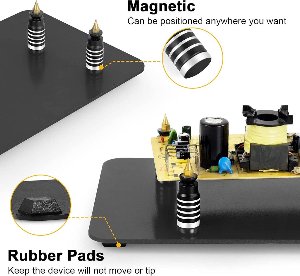 Magnetic soldering base with three spring tips and rubber pads for stability