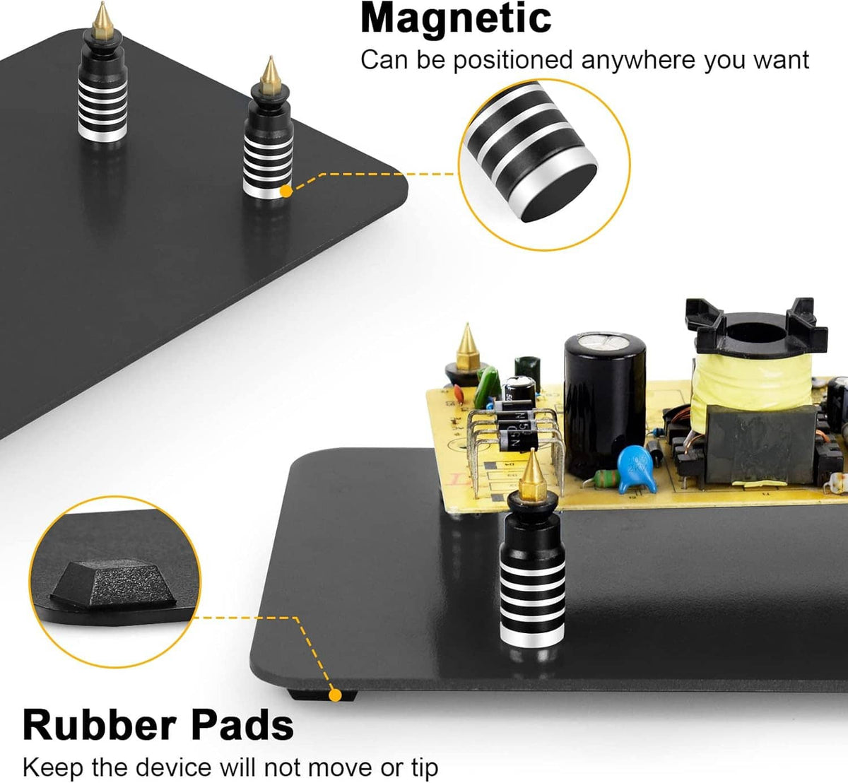 Magnetic soldering base with three spring tips and rubber pads for stability