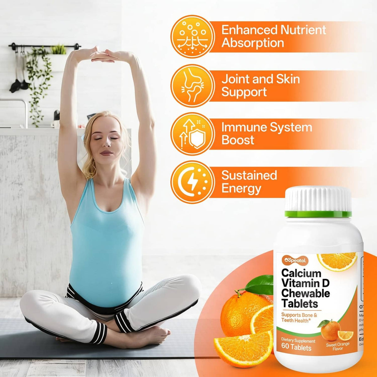 Calcium Vitamin D3 chewable bottle with orange nutrient icons for absorption and support