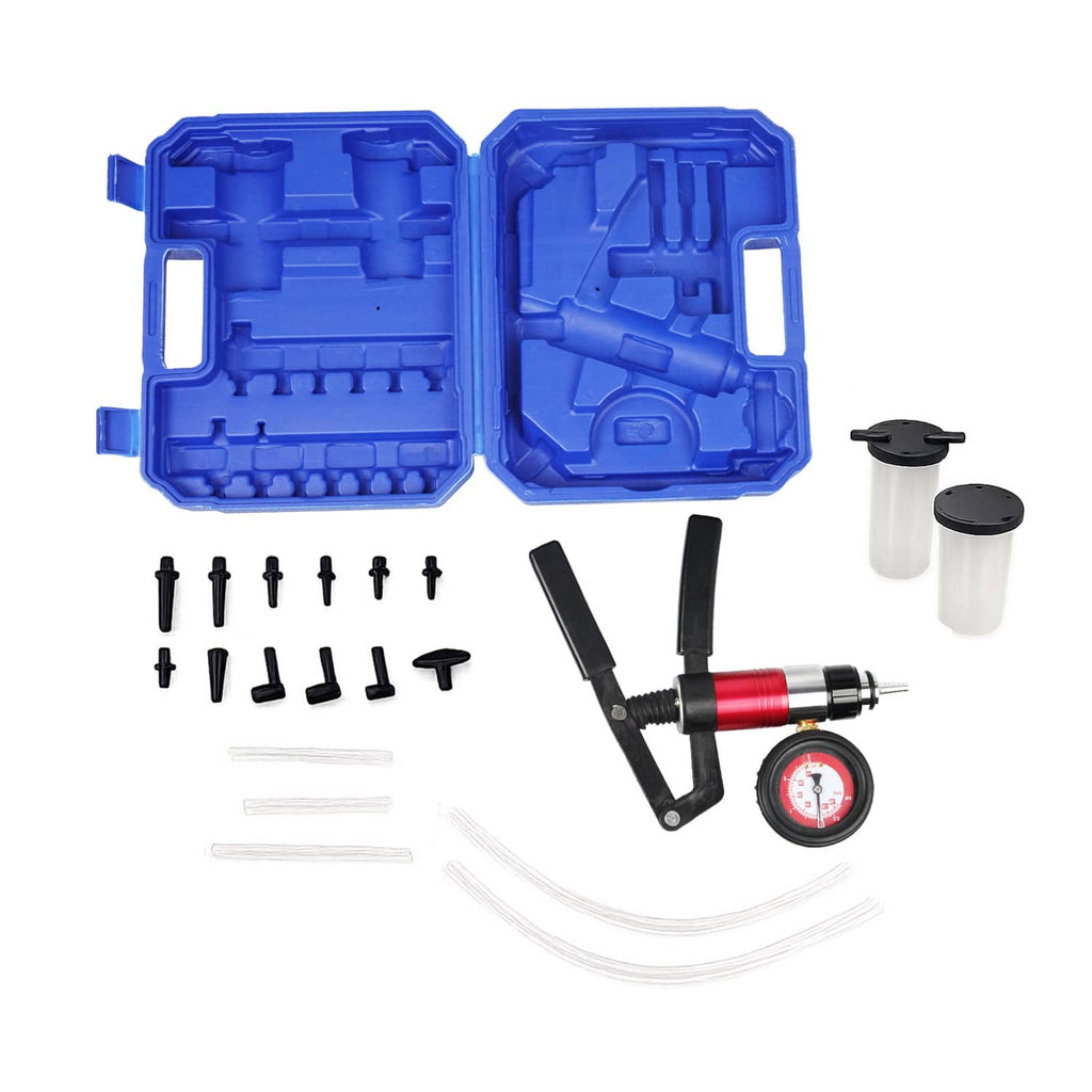Brake fluid vacuum bleeder kit in blue case with gauge, pump, hoses and fittings