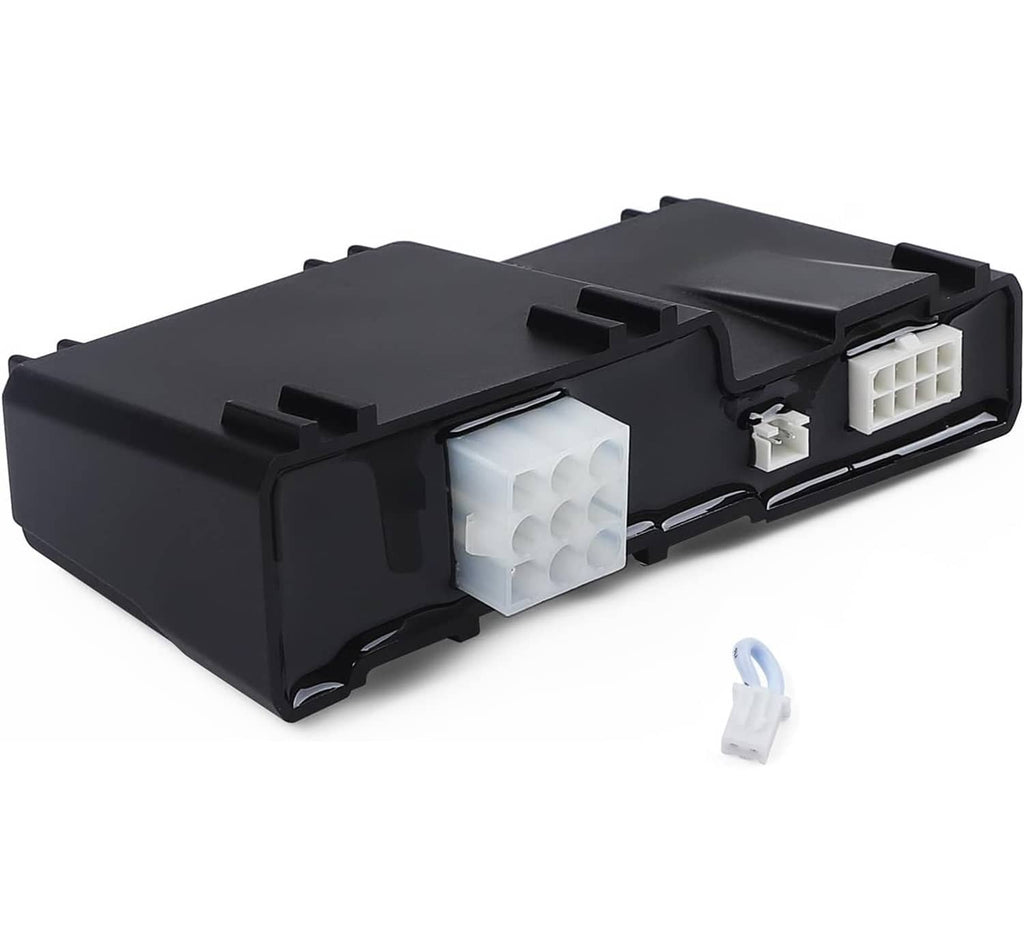 Black control module with exposed white connector blocks and small mounting tab