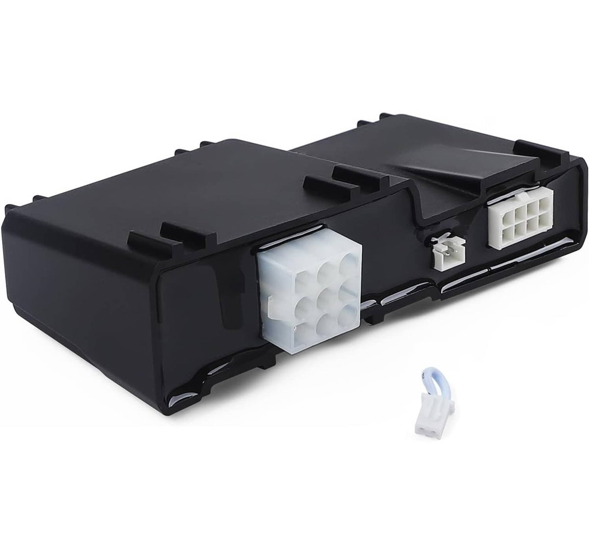 Black control module with exposed white connector blocks and small mounting tab