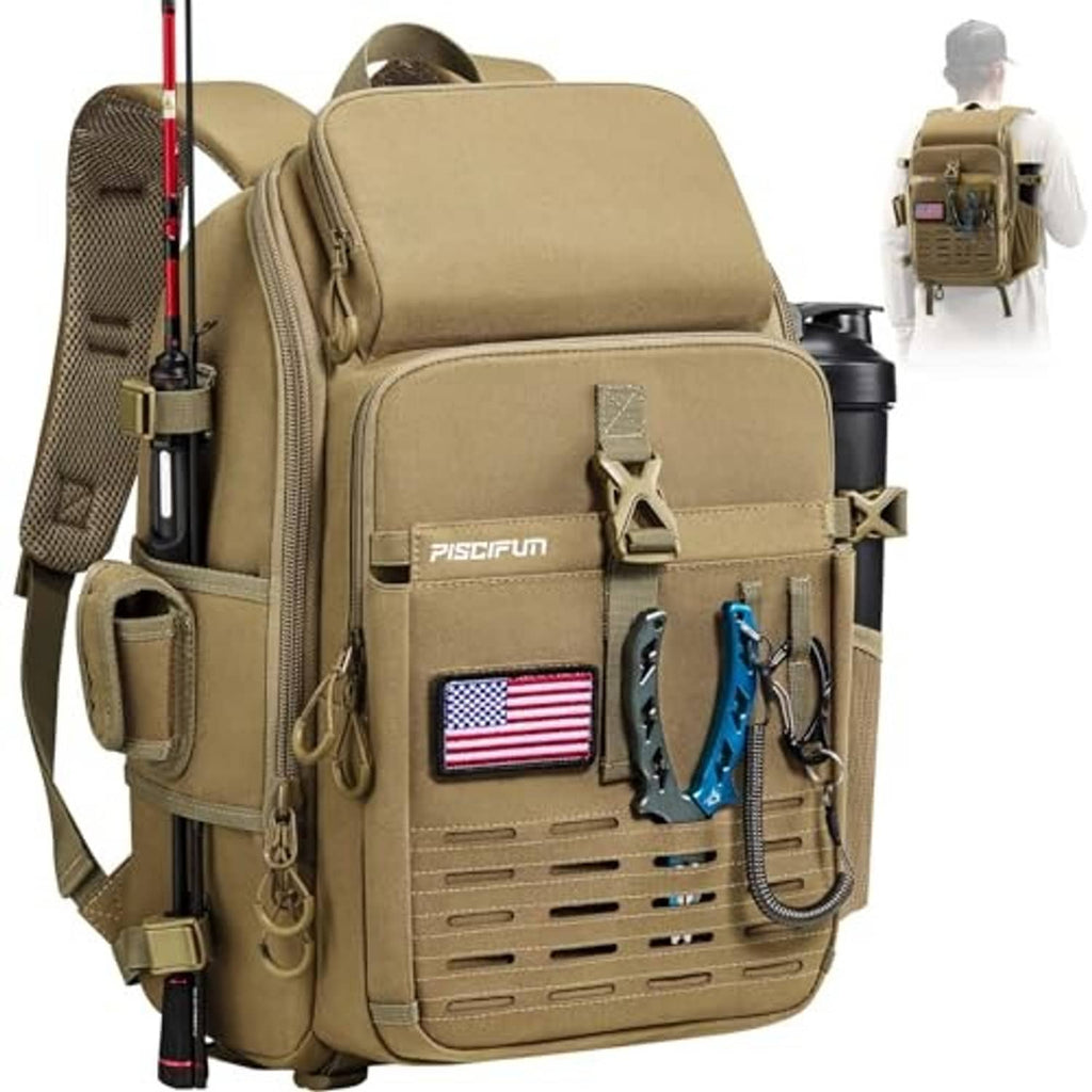 Khaki fishing tackle backpack with rod holder, front panel and hanging tool loops