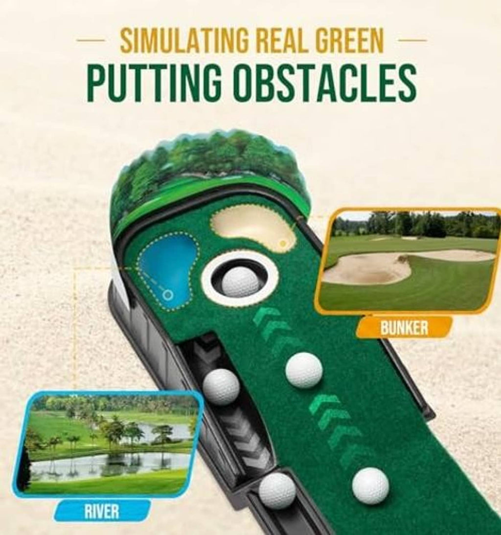 Green golf putting mat with simulated obstacles, cup opening, and ball targets on track