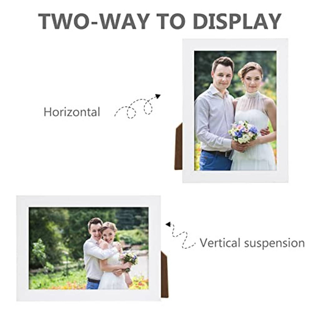 White 5x7 picture frame showing horizontal and vertical display capability