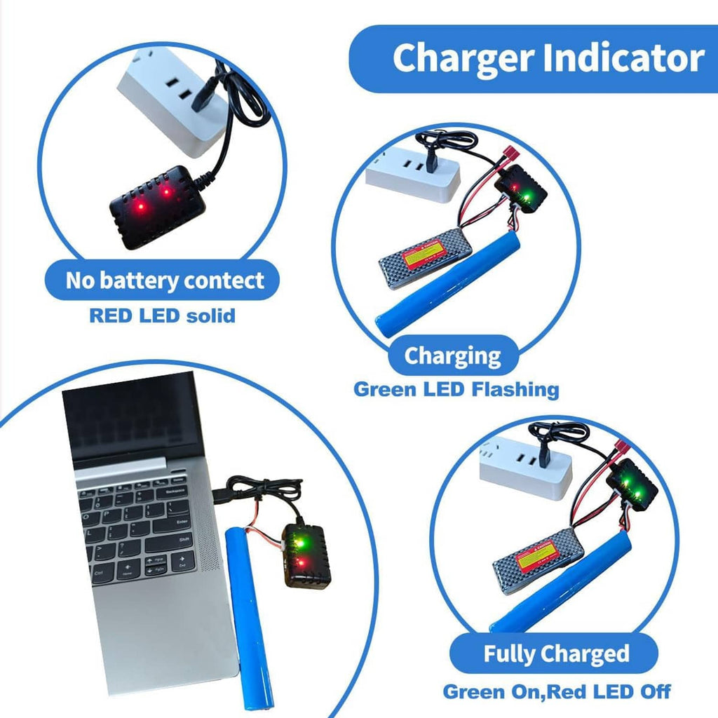 USB balance charger showing charging status with red and green LED indicators