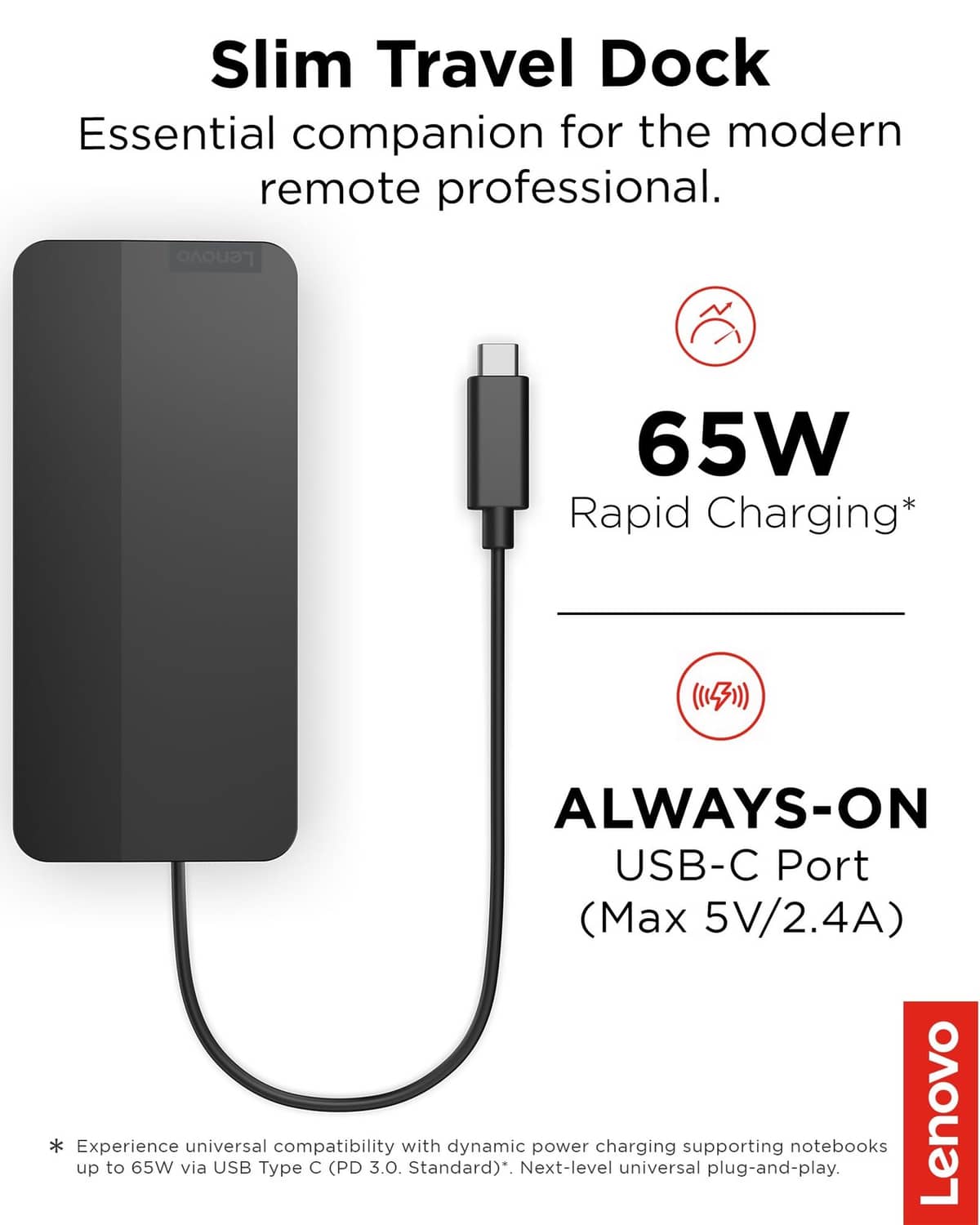Black slim USB-C travel dock with ports and connected USB-C power cable