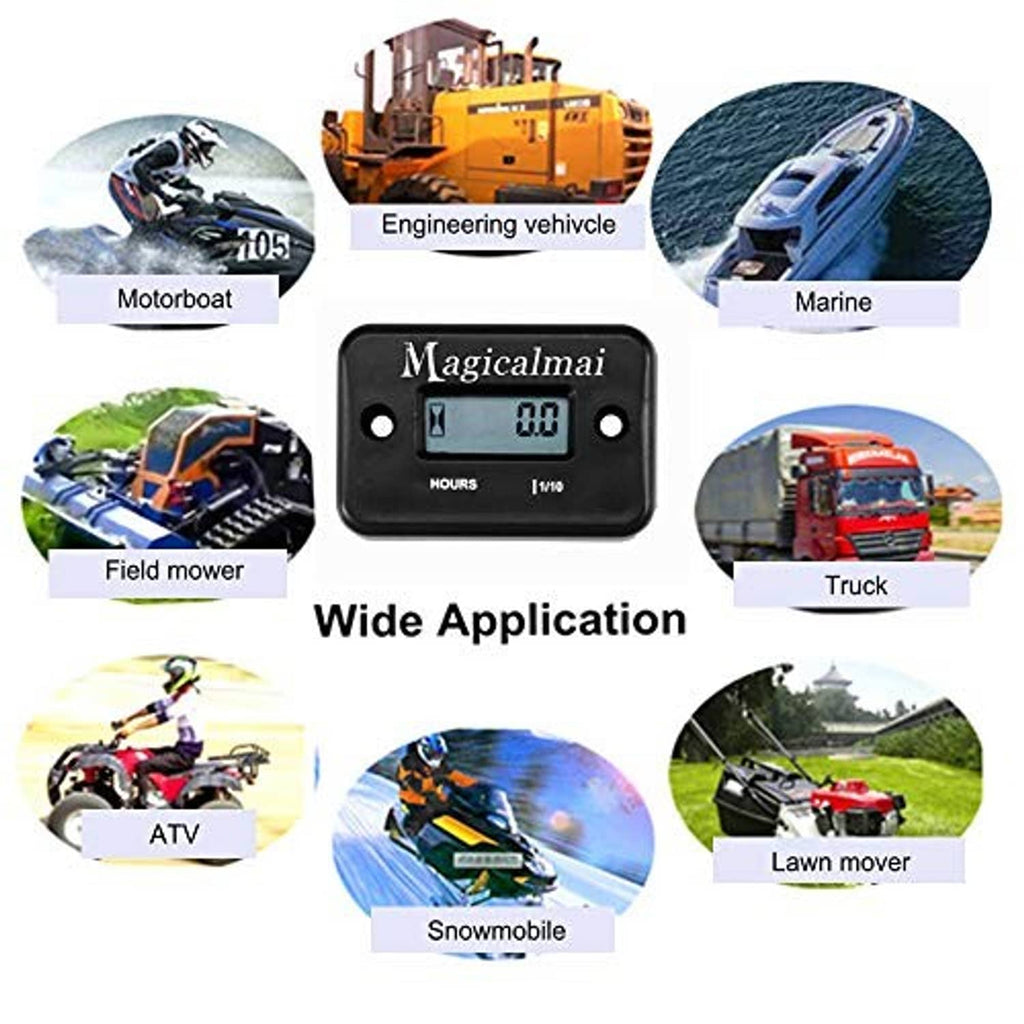 Hour meter with LCD display and wide-application labels for vehicles and lawn equipment