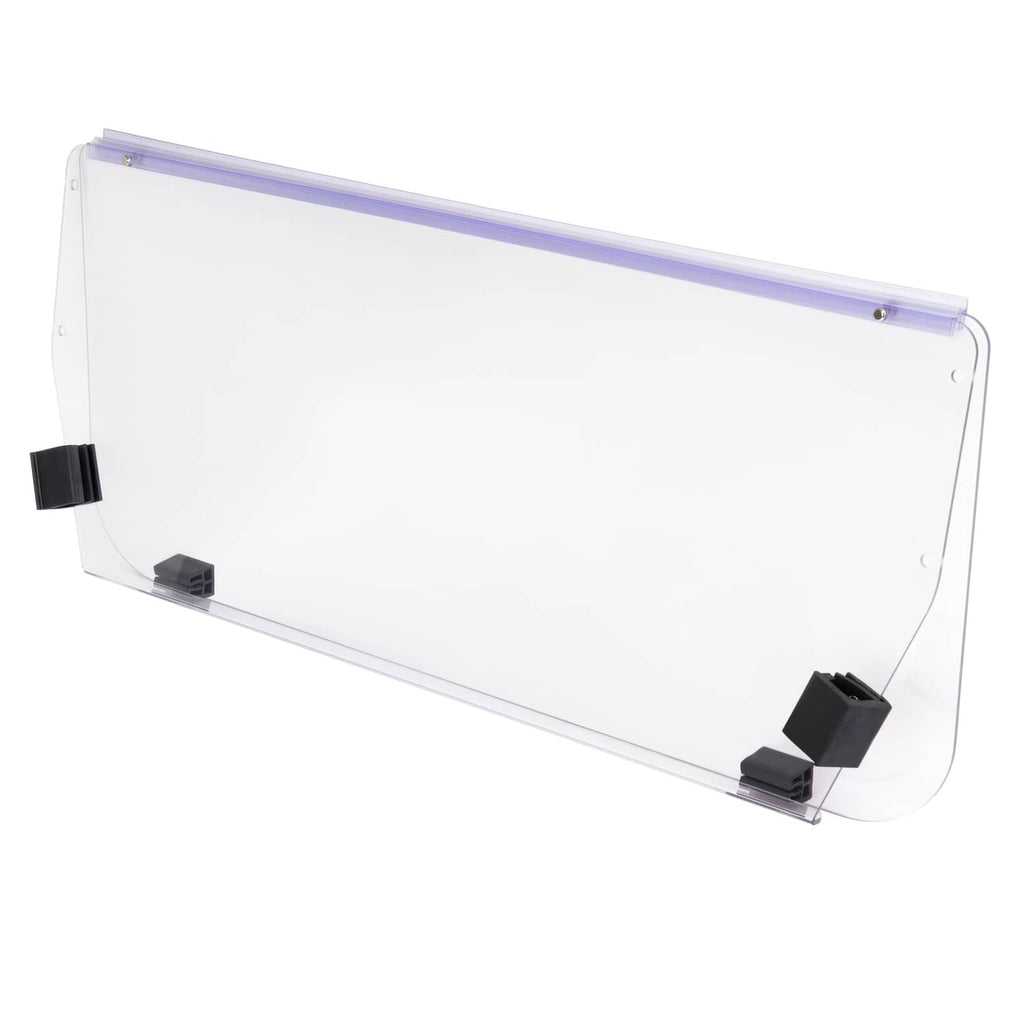 Clear vented golf cart windshield windscreen with black mounts and blue trim bar